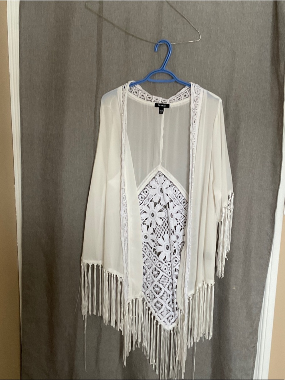 torrid White Crochet Fringe Kimono Wrap